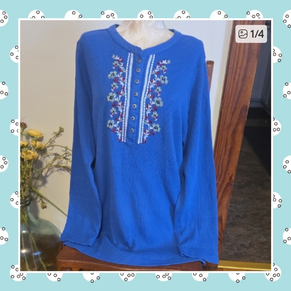 Woman Within Blue Embroidered  Top Size Large Fits Size 18